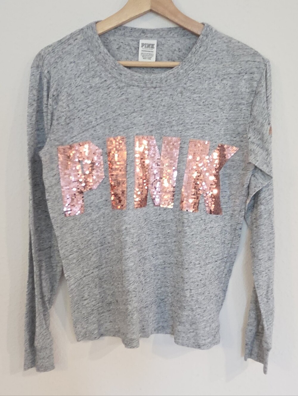 PINK Victoria's Secret Bling Gray Long Sleeve Sequin Logo Top